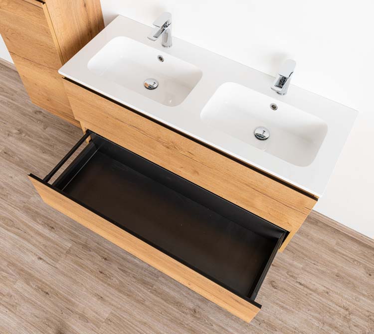 Meuble de salle de bains Daria chêne brun doré suspendu avec lavabo double blanc brillant 120cm