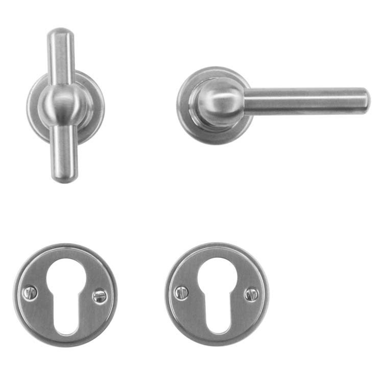 Poignée porte pienza vieux T+L look inox rosace cylindre
