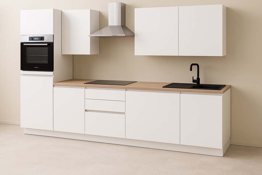 Cuisine Plenti 280 cm - four en haut - tiroirs - sans appareils - blanc/look de chêne