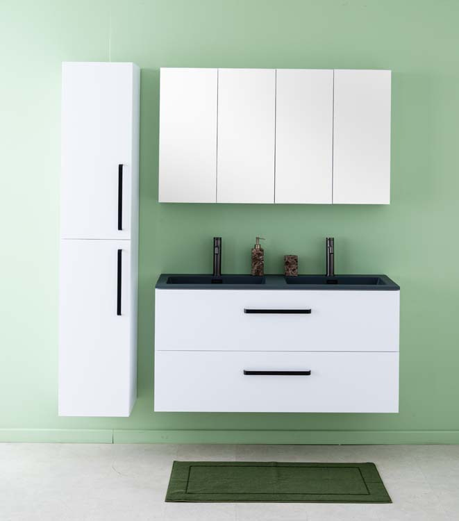 Meuble de salle de bains Bison blanc mat suspendu avec lavabo double noir mat 120cm
