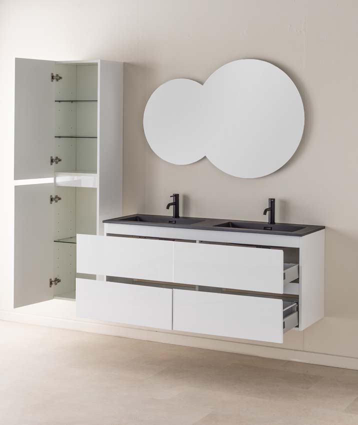 Meuble de salle de bains Tibo blanc suspendu avec lavabo double noir mat 140cm