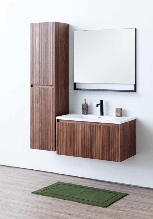 Meuble de salle de bains Warren noyer suspendu avec lavabo simple blanc mat 90cm