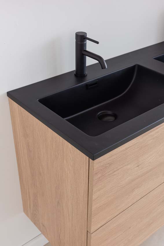 Meuble de salle de bains Bison chêne suspendu avec lavabo double noir 