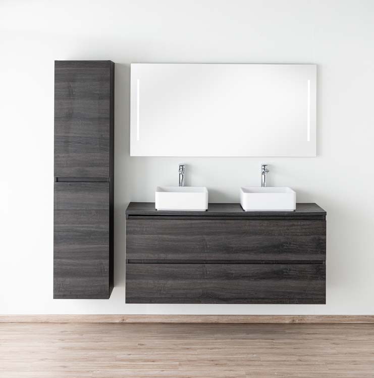 Meuble de salle de bains Dotan chêne foncé suspendu avec plateau en mélamine 140cm