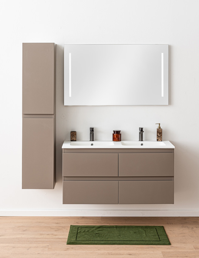 Badkamermeubel Trente taupe met dubbele wastafel mat wit 120cm