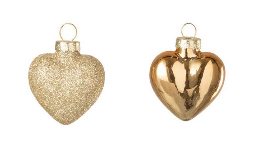 Doos van 12 hangers hart glas goudkleurig