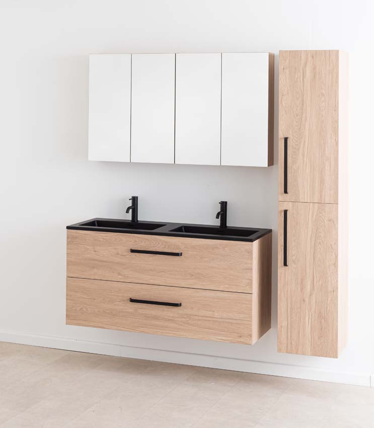 Meuble de salle de bains Bison chêne suspendu avec lavabo double noir 