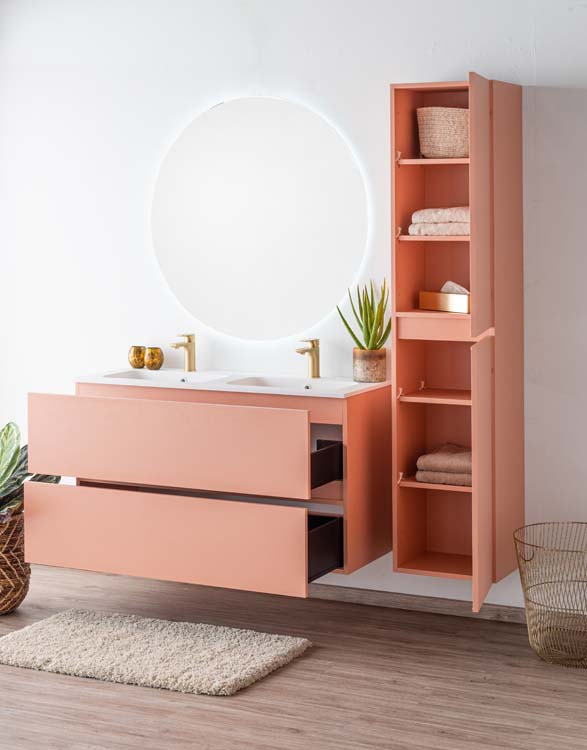 Meuble de salle de bains Puro blush suspendu avec lavabo double blanc mat 120cm