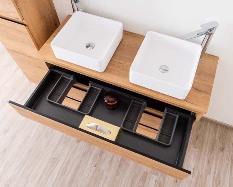 Meuble de salle de bains Daria chêne brun doré sur pied avec plateau en mélamine 120cm