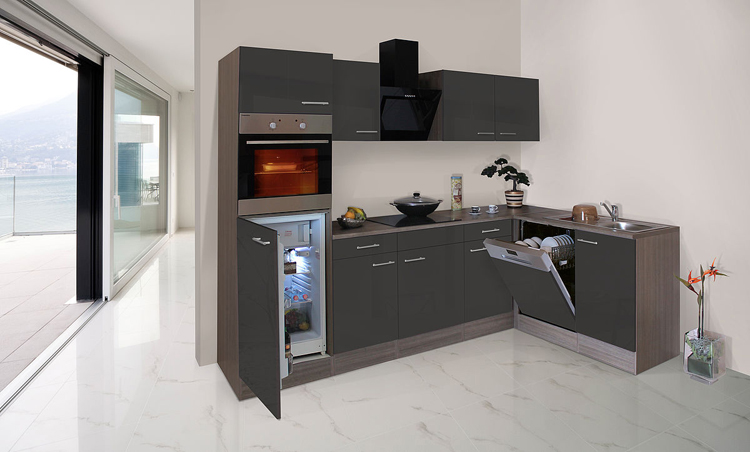 Cuisine 280x172cm - gris/chêne foncé - vitro et hotte murale noir