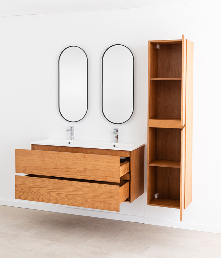 Badkamermeubel Fior eik hangend met dubbele wastafel glanzend wit 120cm