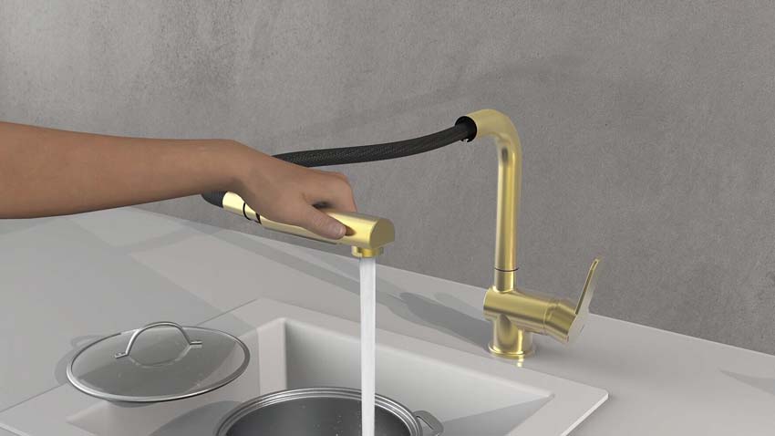 Keukenkraan Levi mat goud met uittrekbare uitloop