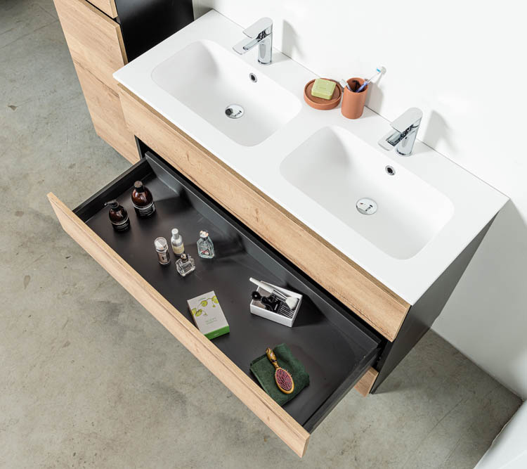 Meuble de salle de bain Dotan chêne/noir 1200 mm sur pied 2 lavabo mat