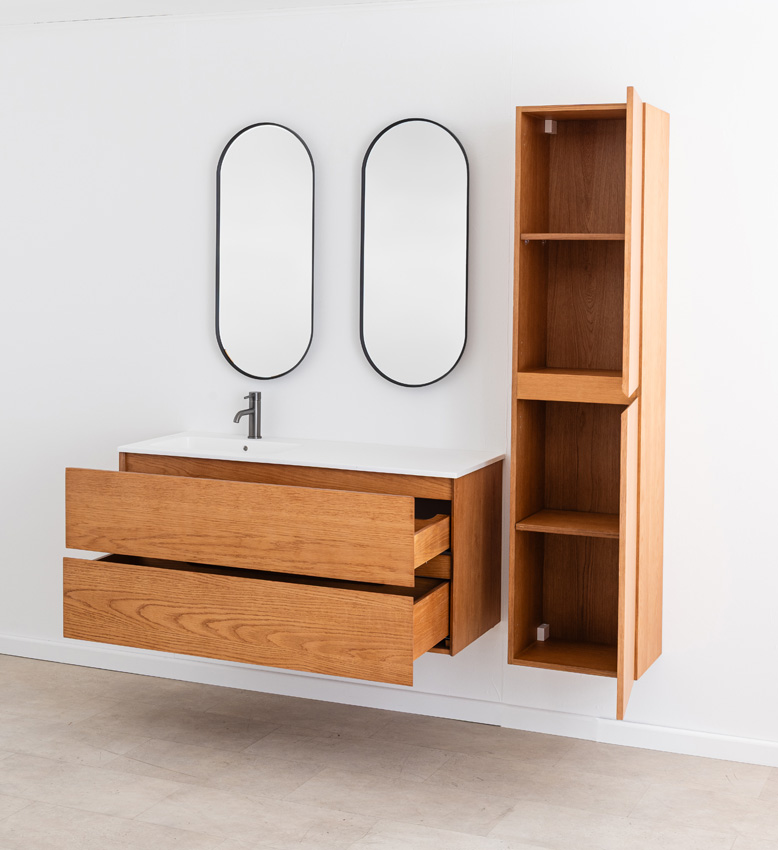 Badkamermeubel Fior eik hangend met enkele wastafel glanzend wit 120cm