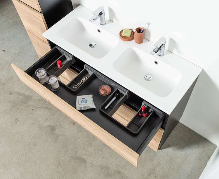 Meuble de salle de bain Dotan chêne/noir 1200 mm sur pied 2 lavabo mat