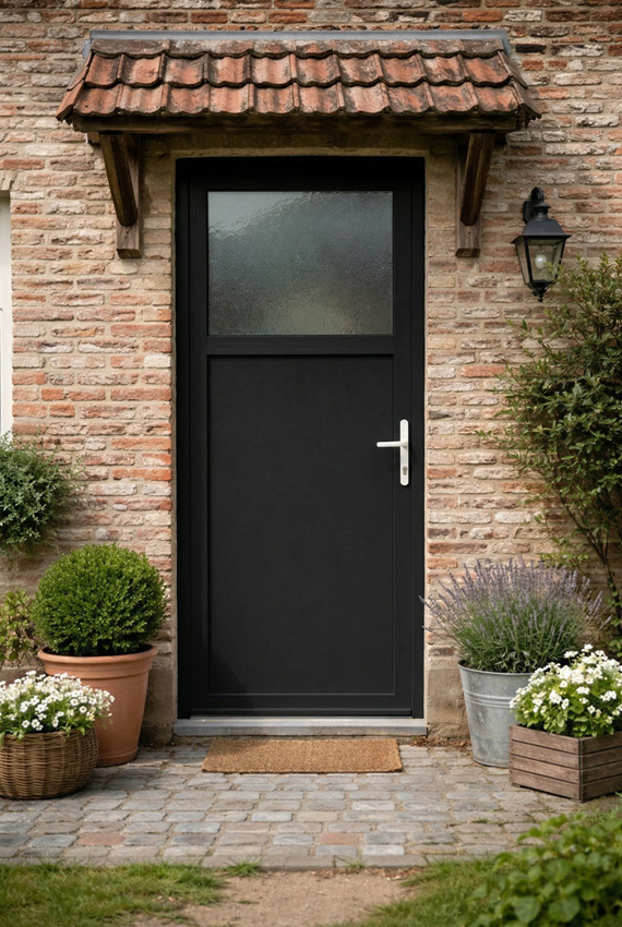 Buitendeur budget PVC 1/3 structuurglas zwart rechtstrekkend op maat