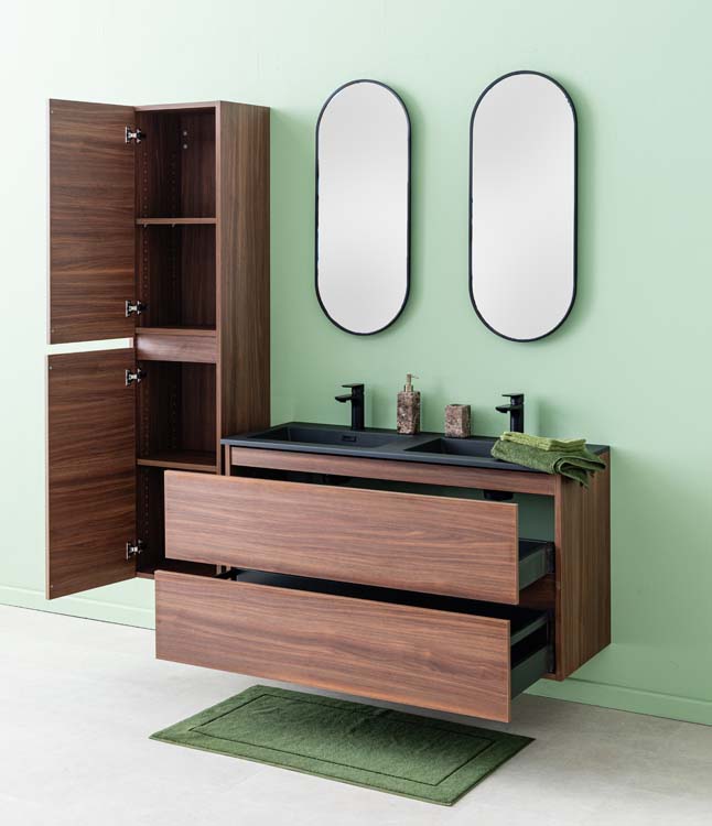 Meuble de salle de bains Dotan noyer suspendu avec lavabo double noir mat 120cm