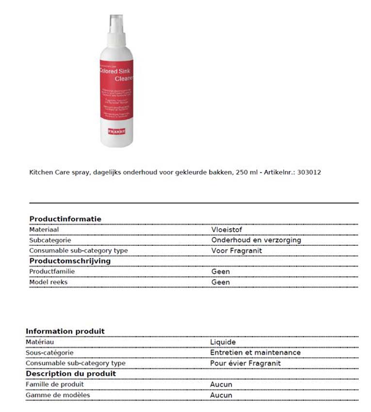 Franke Kitchen Care - vaporisateur - évier de couleur - 250ml