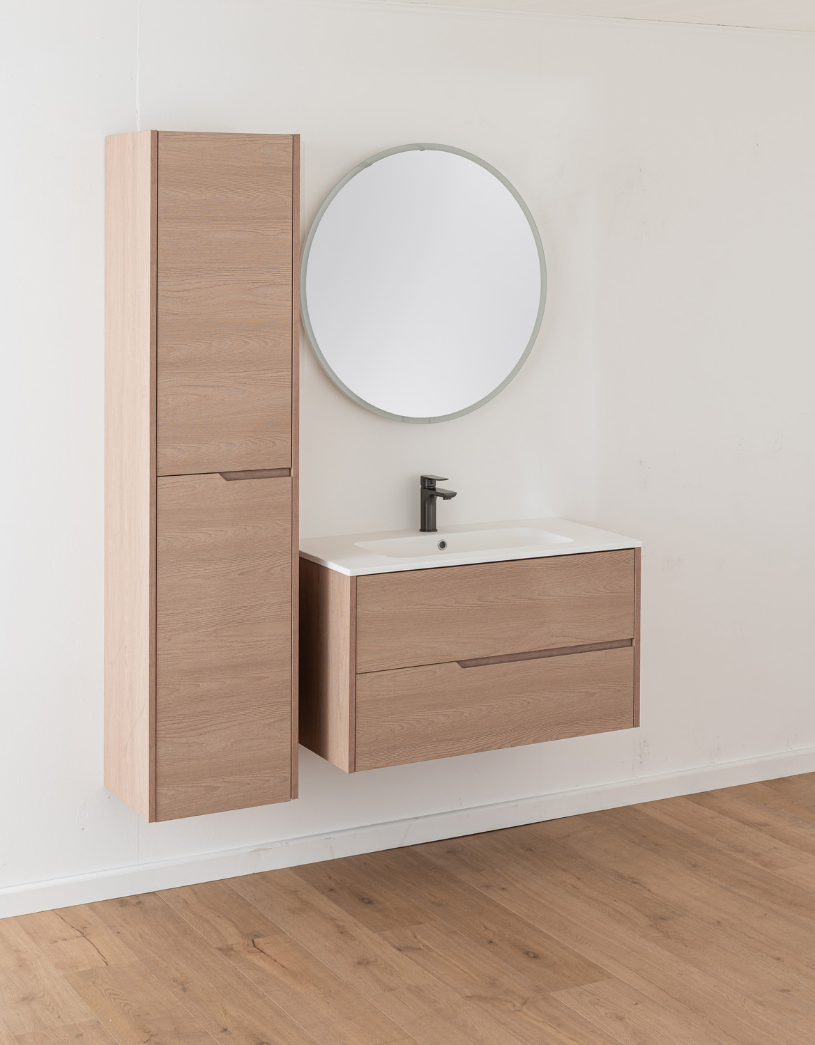 Meuble de salle de bains Tiago chêne Nordic suspendu avec vasque simple blanc brillant 90cm