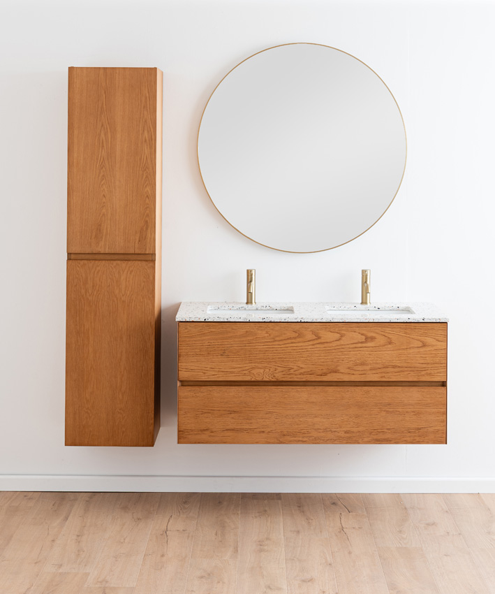 Badkamermeubel Fior eik hangend met dubbele wastafel terrazzo 120cm