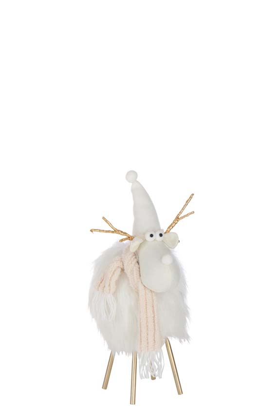 Beeld rendier hoed + sjaal polyester wit/beige 29x25x46cm