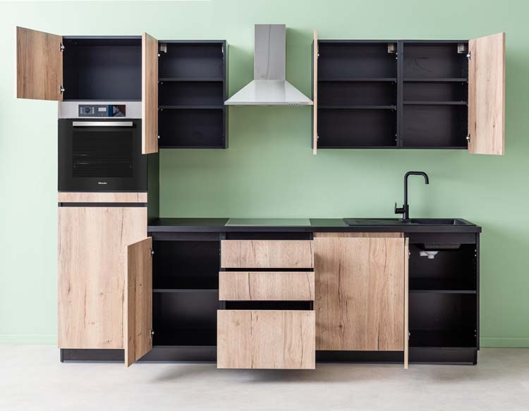 Keuken Plenti zwart/houtlook 280cm - lades - zonder toestellen
