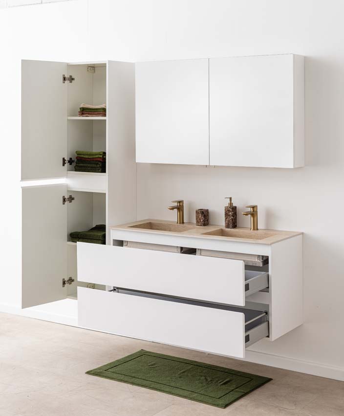 Badkamermeubel Tibo wit met dubbele wastafel travertinlook 120cm