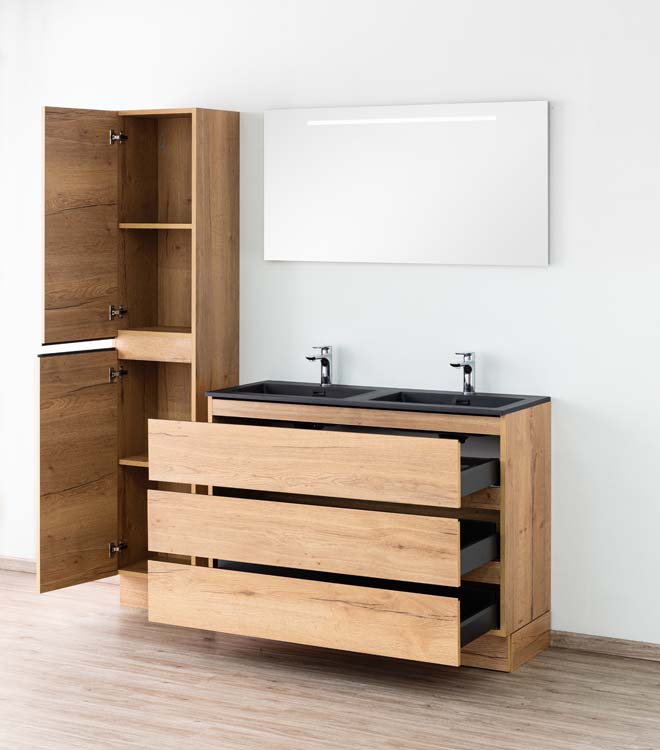Meuble de salle de bains Daria chêne brun doré sur pied avec lavabo double noir mat 120cm