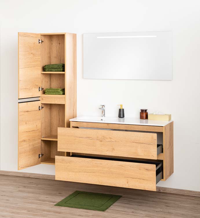 Meuble de salle de bain Daria chêne brun doré 1200 mm lavabo  brillant gauche