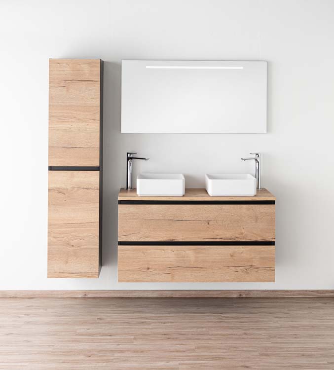 Meuble de salle de bains Dotan chêne suspendu avec plateau en mélamine 120cm