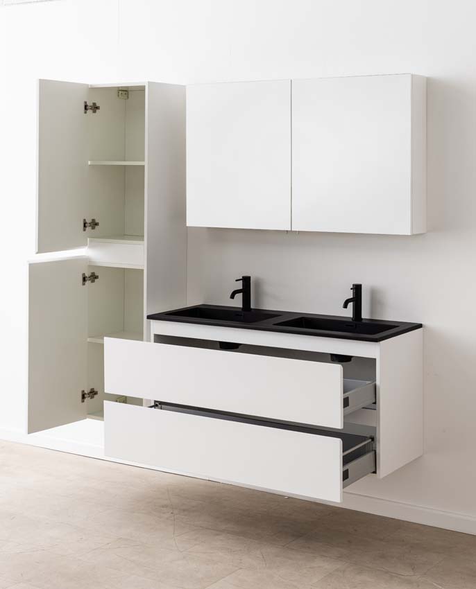 Badkamermeubel Tibo wit met dubbele wastafel mat zwart 120cm