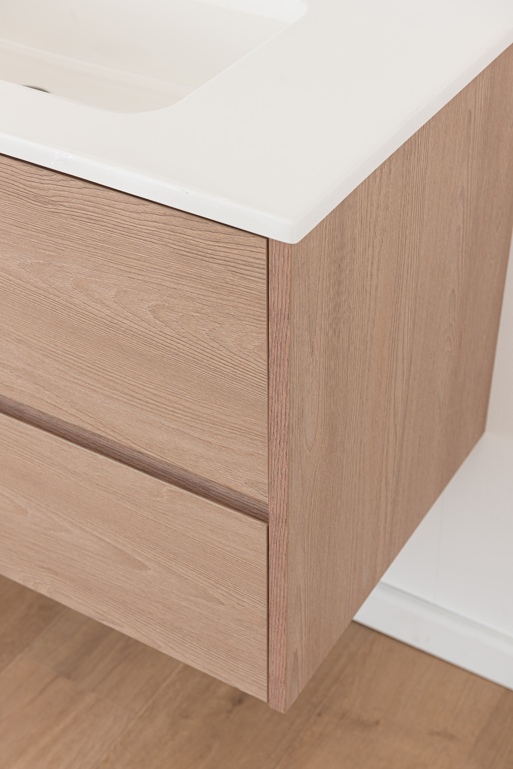 Meuble de salle de bains Tiago chêne Nordic suspendu avec vasque simple blanc mat 90cm