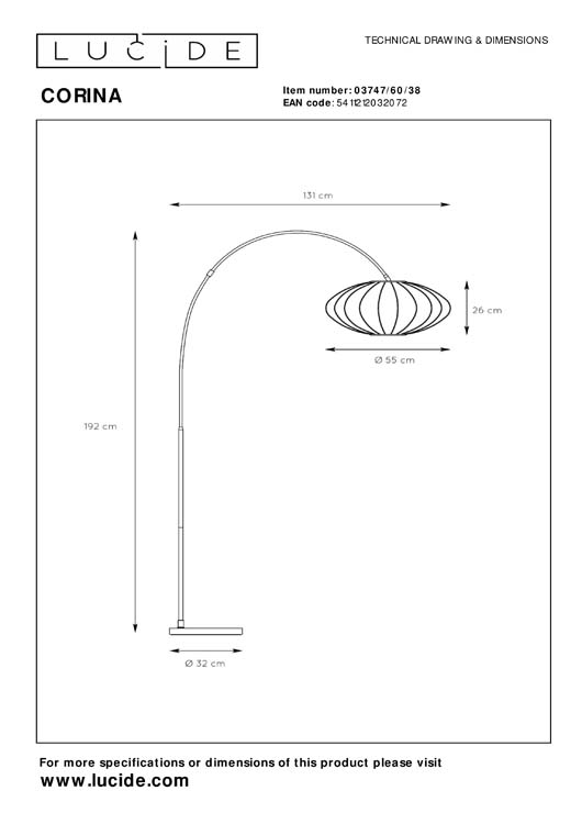 Lucide CORINA - Lampadaire arceau - 1xE27 - Crème