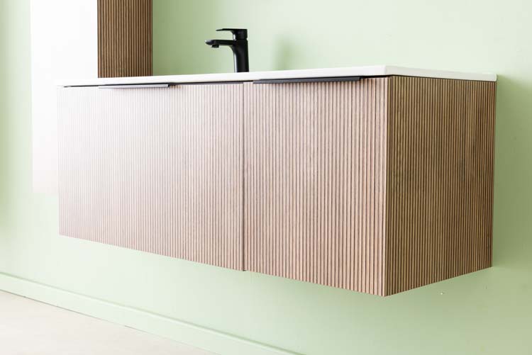 Meuble de salle de bains Nolan noyer suspendu avec lavabo simple à gauche blanc brillant 120cm
