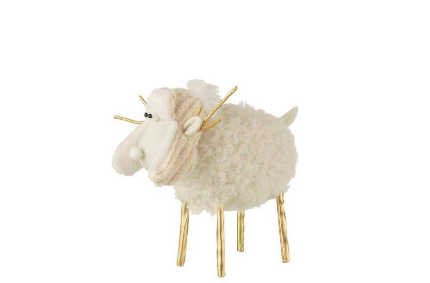 Figuur rendier met muts textiel crème/goud M