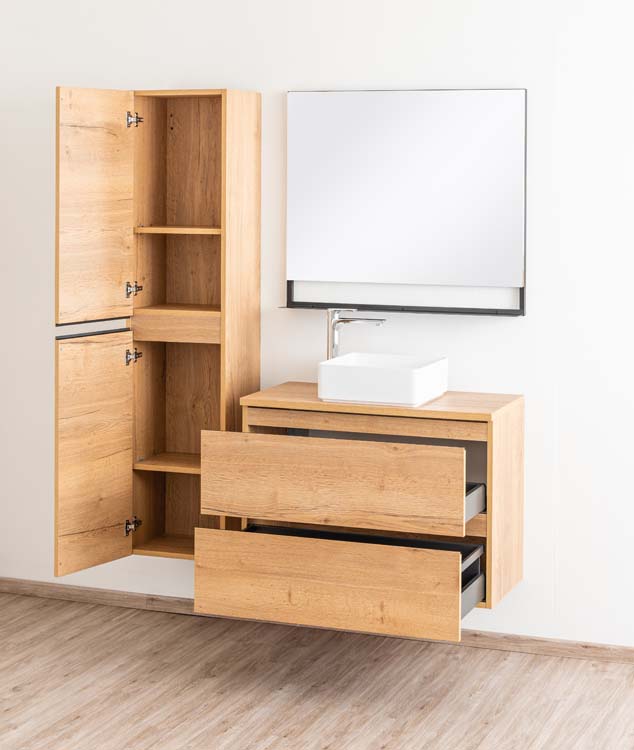 Meuble de salle de bain Daria chêne brun doré 900 mm tablette en saillie melamine