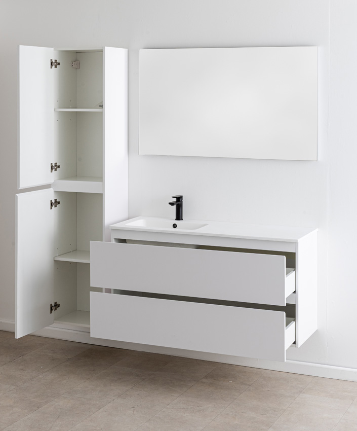 Badkamermeubel Bianca mat wit hangend met enkele wastafel mat wit 120,5cm