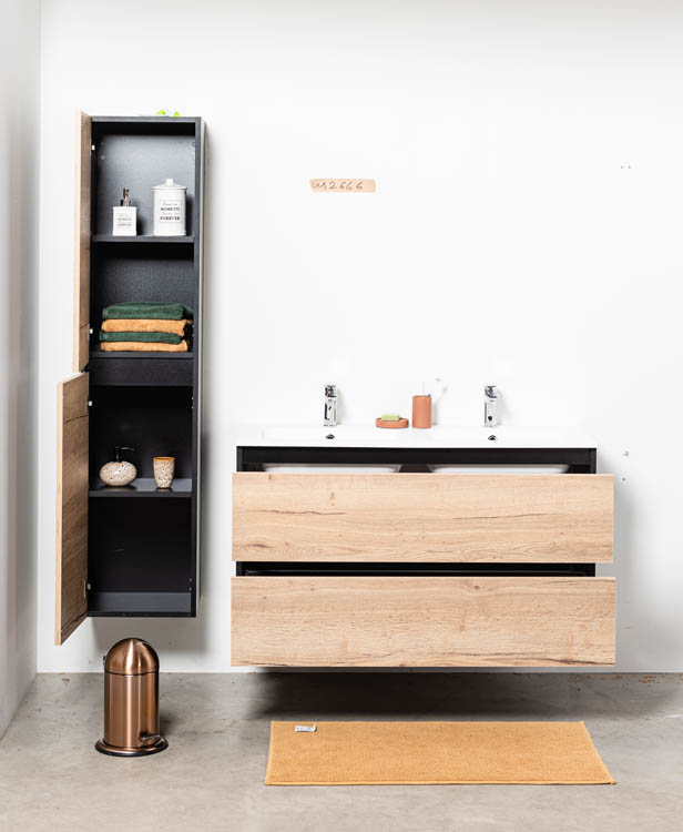 Badkamermeubel Dotan eik hangend met dubbele wastafel mat wit 120cm