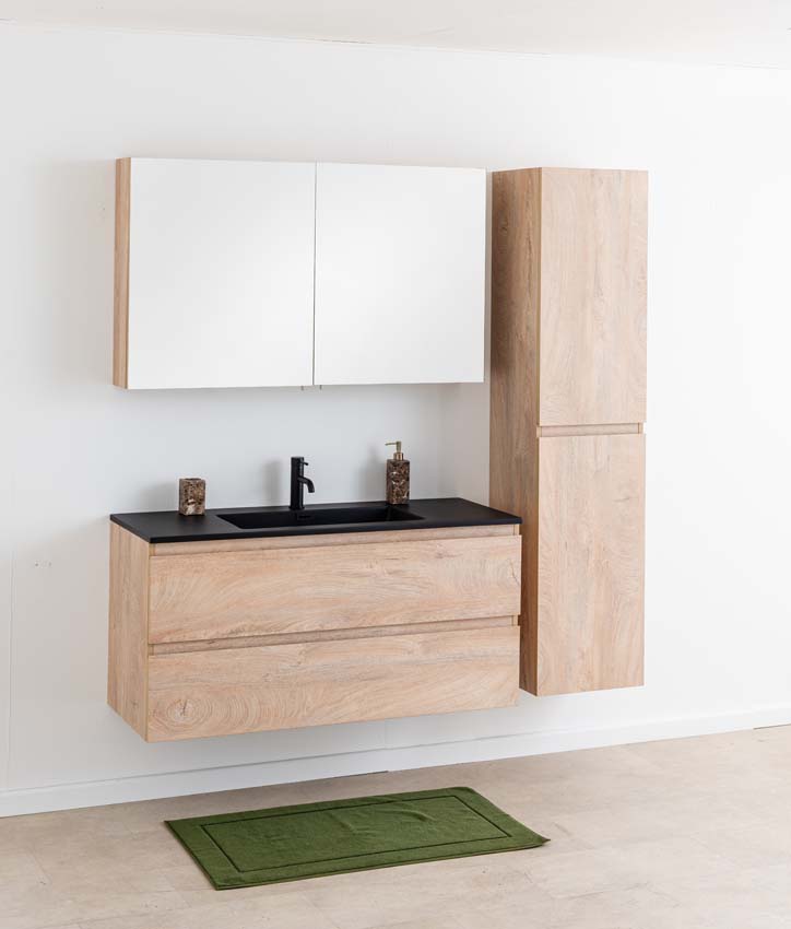 Meuble de salle de bain Tibo en chêne méditerranéen avec lavabo simple noir mat 120cm