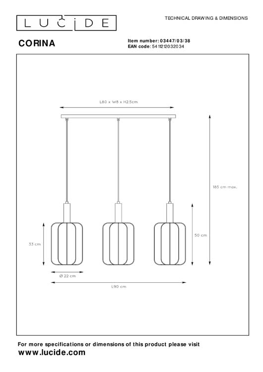 Lucide CORINA - Suspension - 3xE27 - Crème