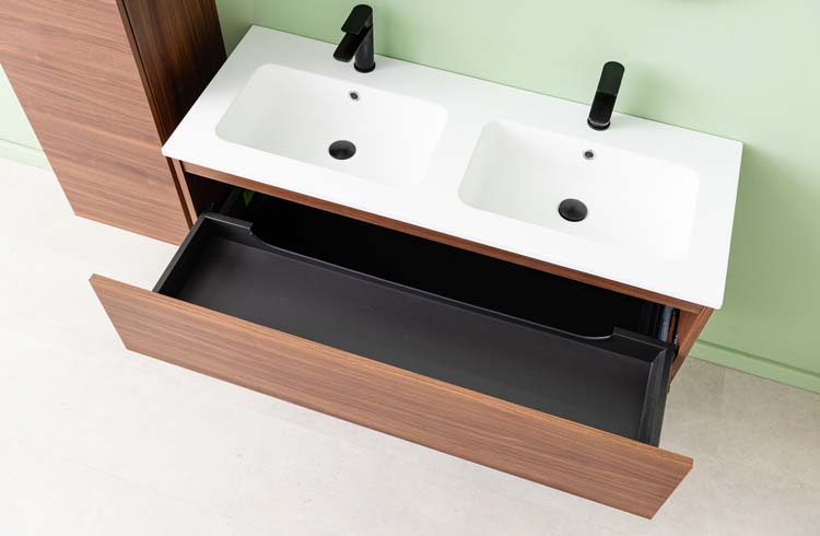 Meuble de salle de bains Dotan noyer suspendu avec lavabo double blanc mat 120cm
