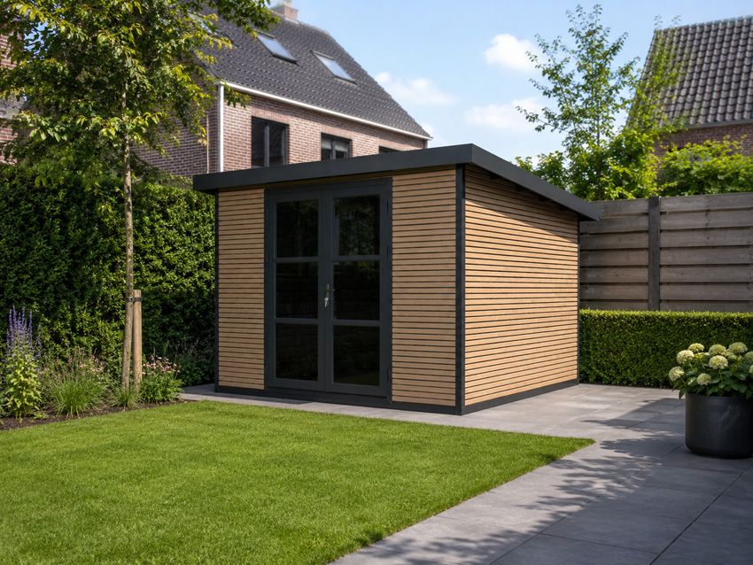Abri de jardin Yasmine en bois composite stone grey/sandstone 290x290cm double porte