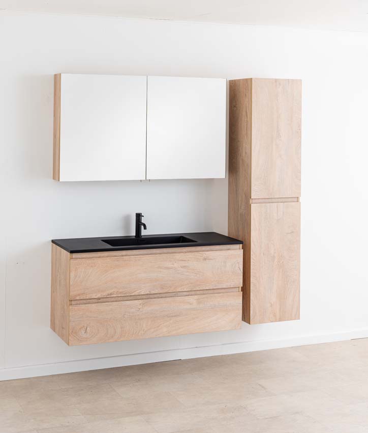 Meuble de salle de bain Tibo en chêne méditerranéen avec lavabo simple noir mat 120cm