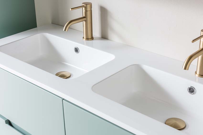 Meuble de salle de bains Truman vert gris suspendu avec lavabo double blanc brillant 120cm