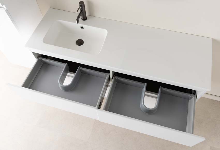 Meuble de salle de bains Tibo blanc suspendu avec lavabo simple à gauche blanc brillant 140cm