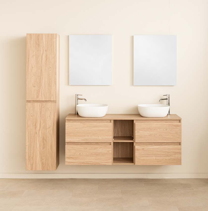 Badkamermeubel Bella eik hangend met dubbele opbouwkom mat wit 150cm
