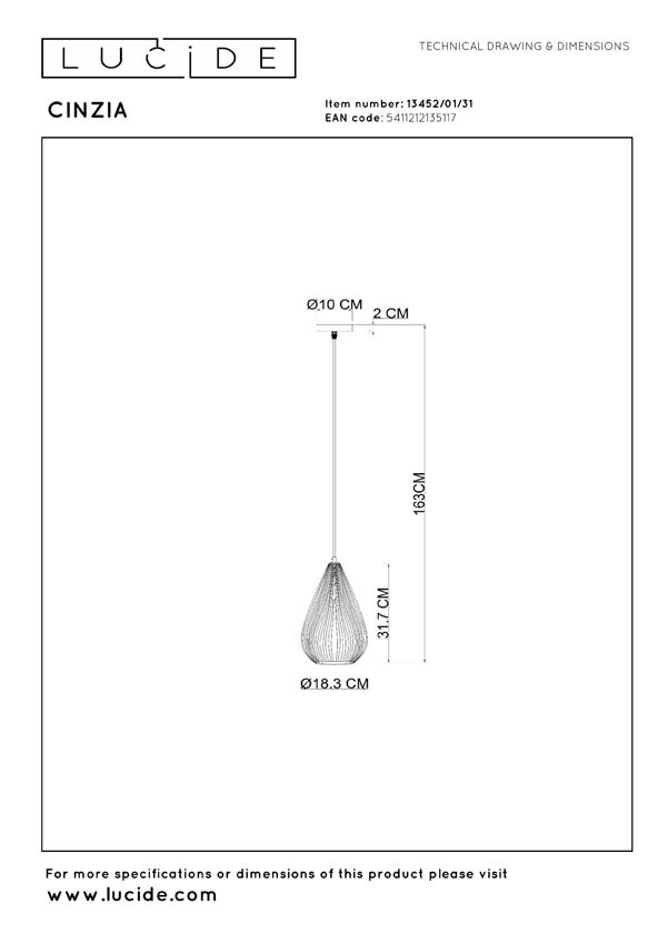 Lucide Cinzia - Hanglamp - Ø18,3cm - 1xE27 - Wit