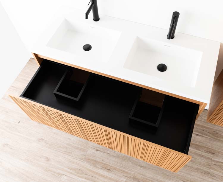 Meuble de salle de bains Warren afromosia suspendu avec lavabo double blanc mat 120cm