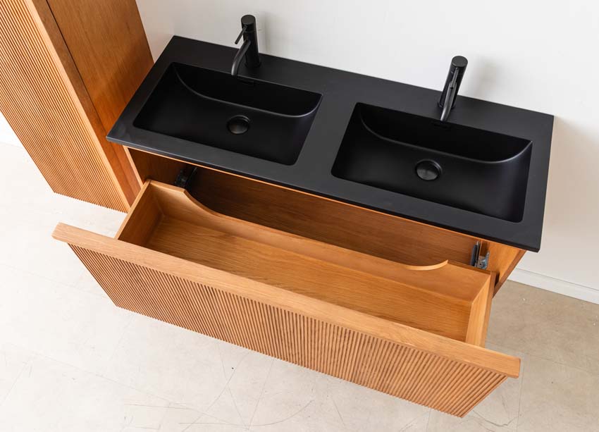 Badkamermeubel Fae eik hangend met dubbele wastafel mat zwart 120cm