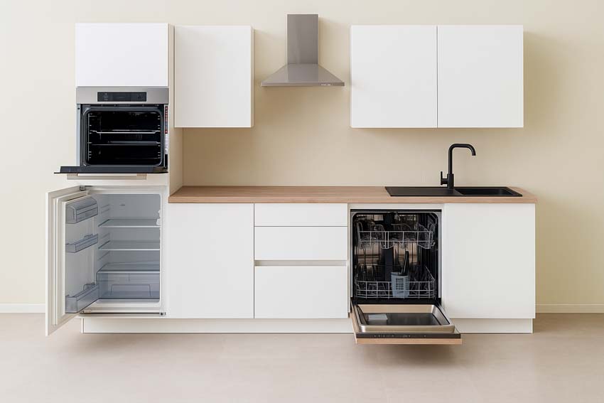 Cuisine Plenti 280 cm - four en haut - tiroirs - sans appareils - blanc/look de chêne